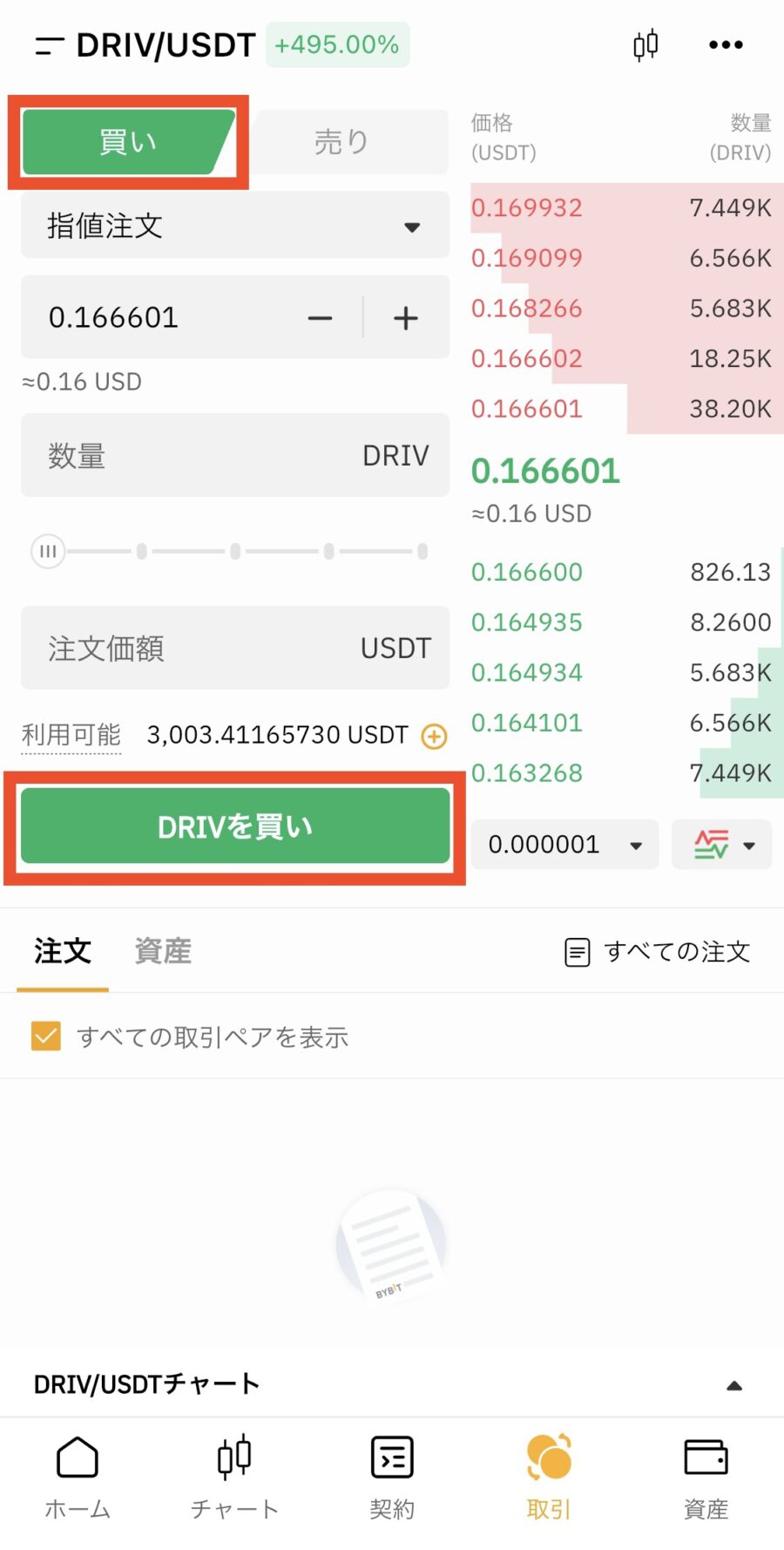 BYBIT(バイビット)でUSDTを売ってDRIVを購入