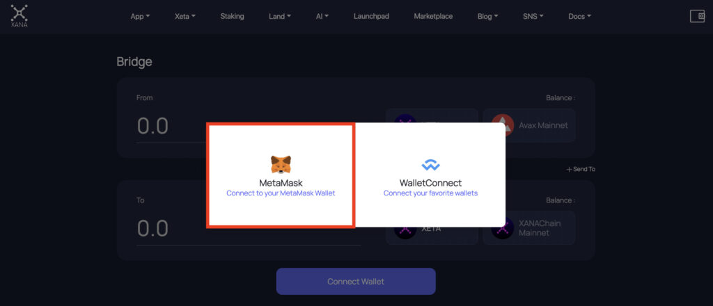 XANAブリッジサイトでXETAをAvalancheからXANA Chainへブリッジ