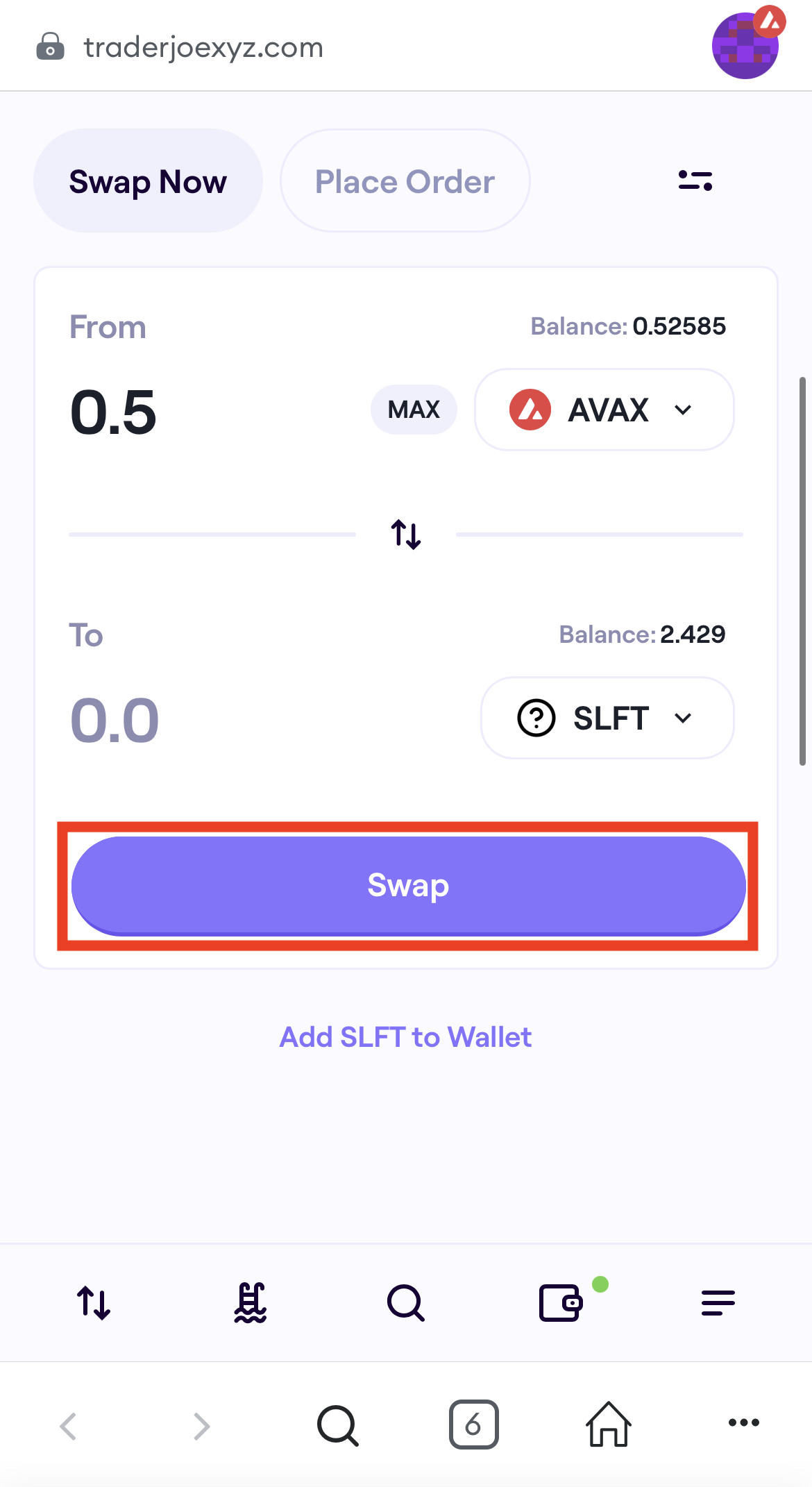 TraderJoeでAVAXをSLFTにスワップ(交換)