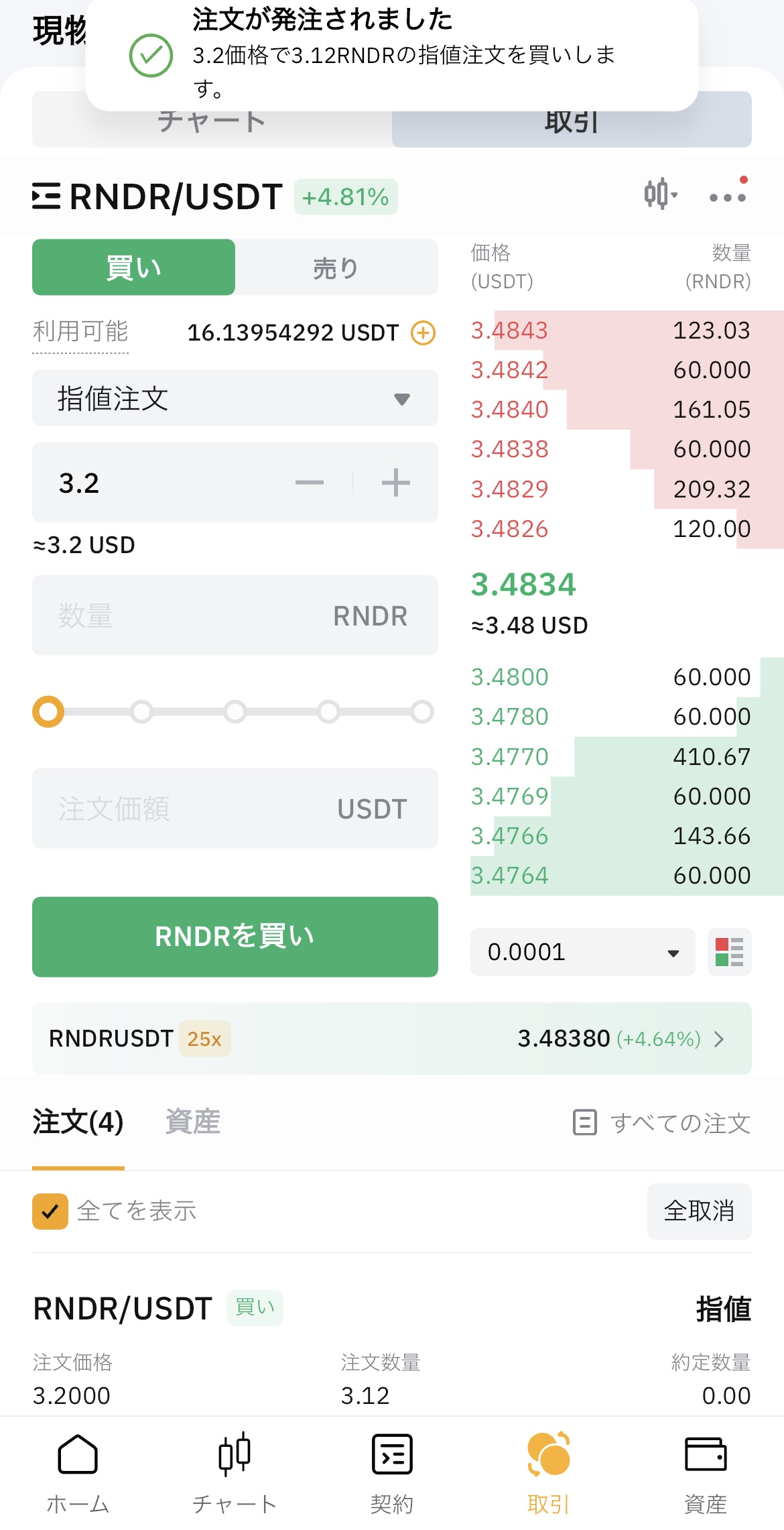 BybitでUSDTを売ってRNDRを購入