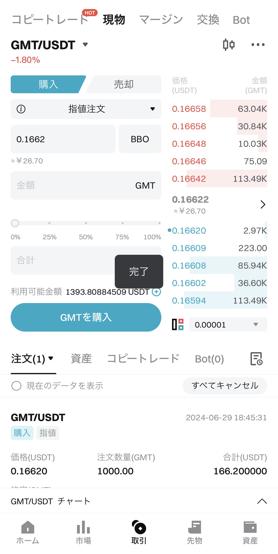 BitgetでUSDTを売ってGMTを購入