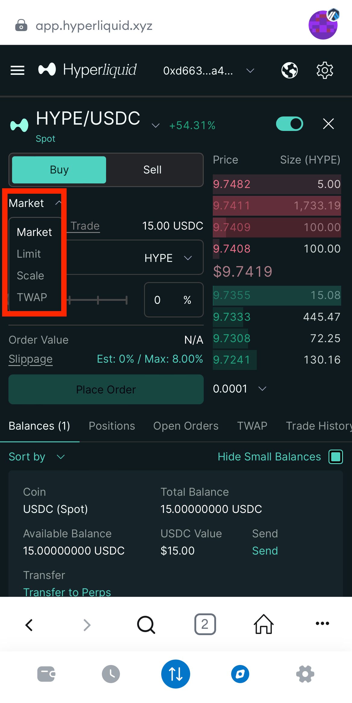 HyperLiquidでUSDCを売ってHYPEを購入