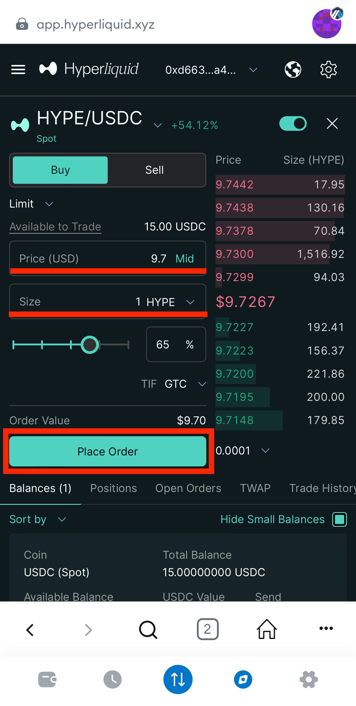 HyperLiquidでUSDCを売ってHYPEを購入