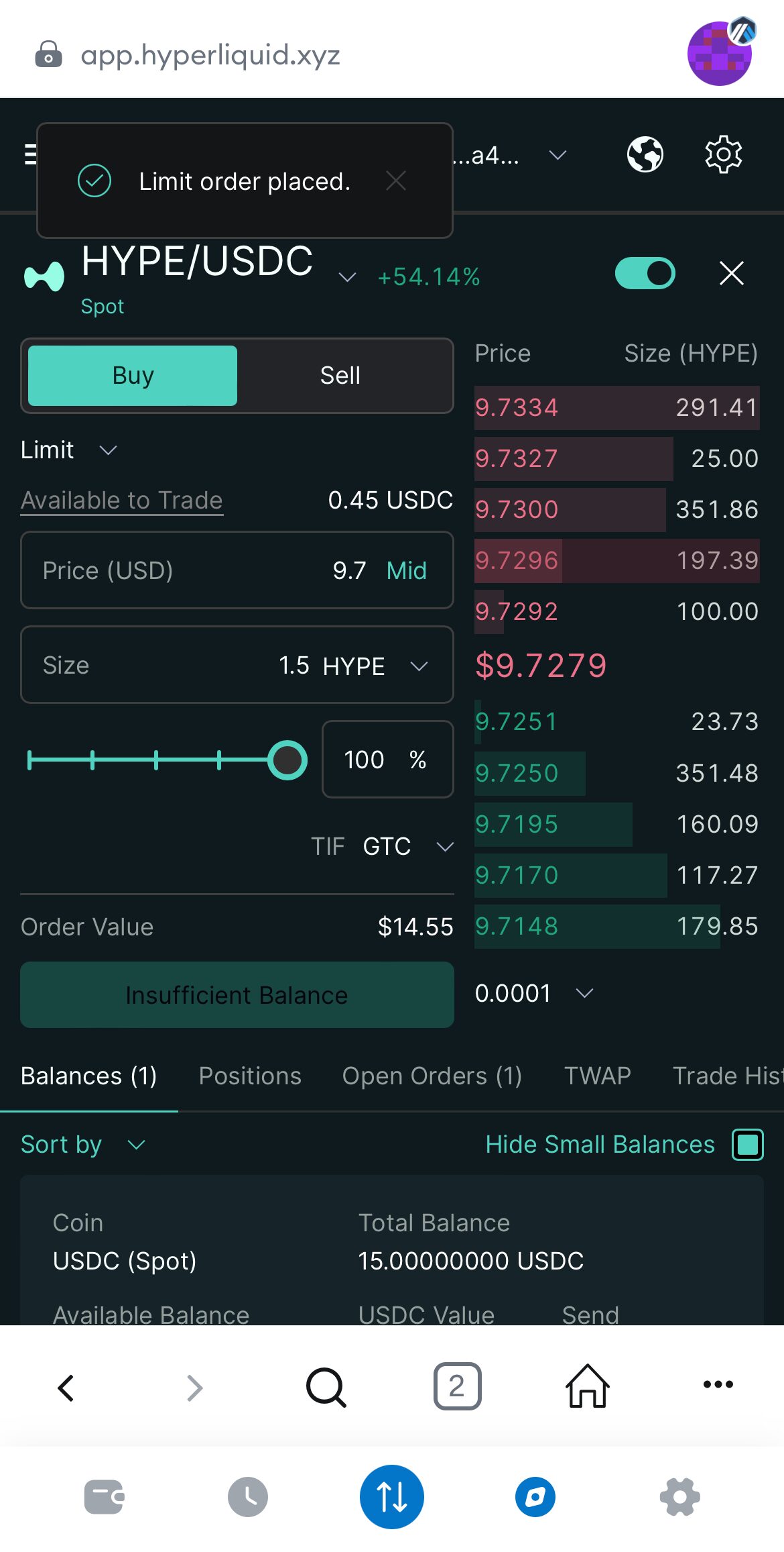 HyperLiquidでUSDCを売ってHYPEを購入