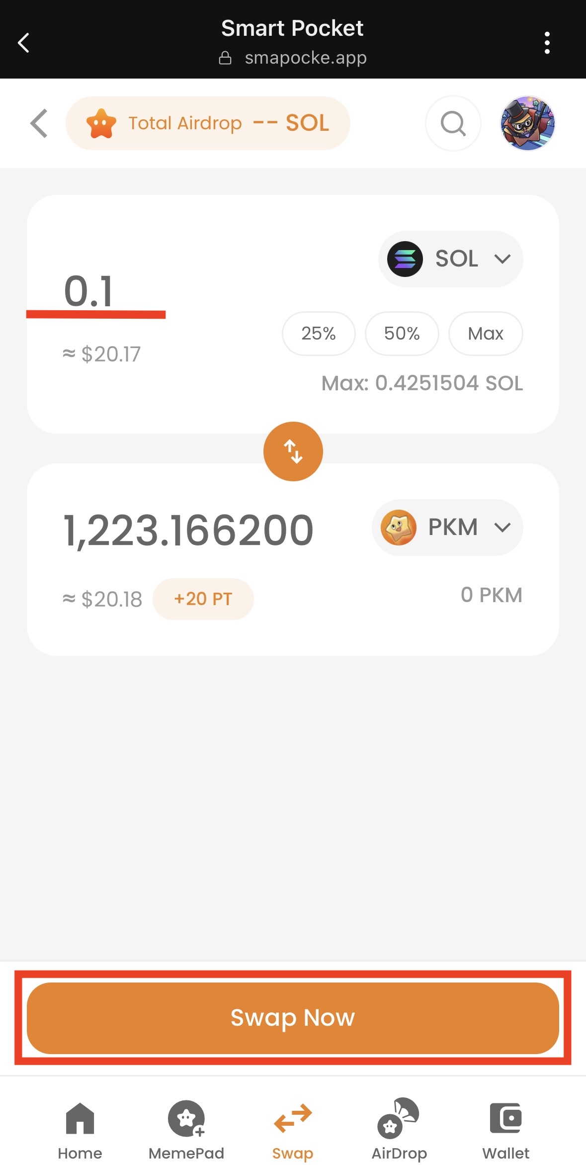 スマートポケットでSOLをPKM（ポケミー）にスワップ