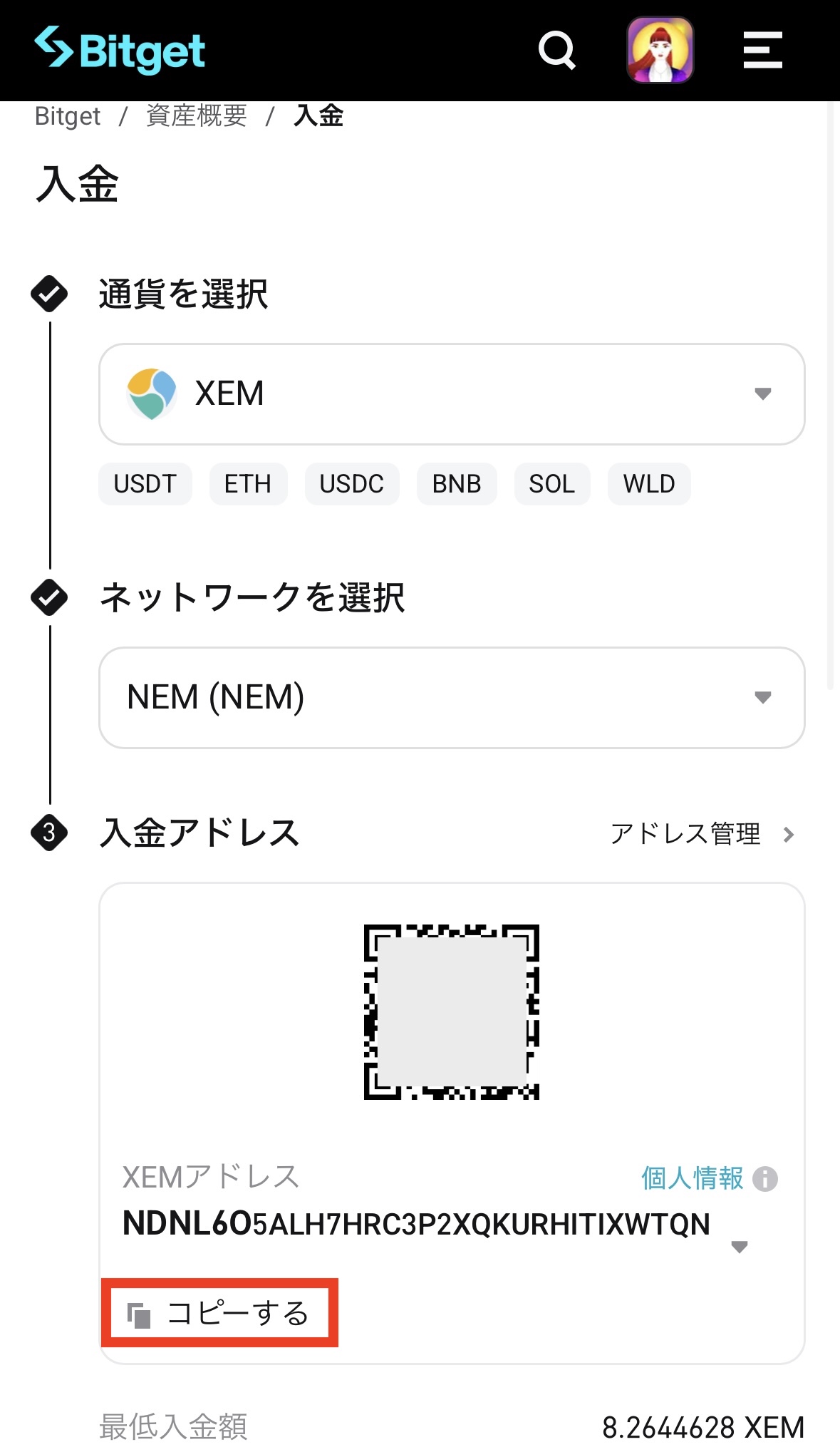 ビットフライヤーからBitgetへXEMを送金